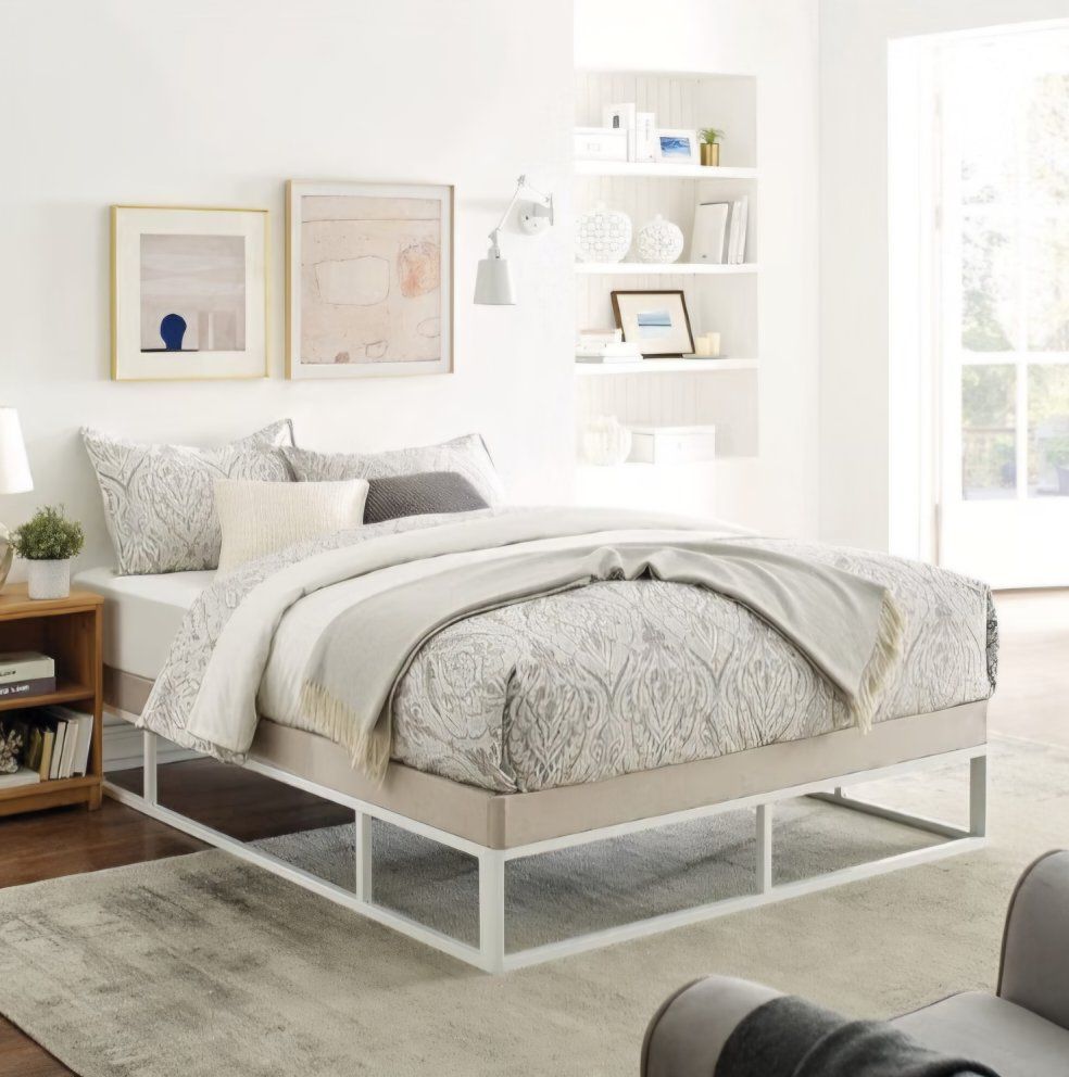 Decoro Capri White Metal Platform Bed Frame with Built-in Beige Upholstered Mattress Foundation, King Size