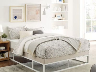 Decoro Capri White Metal Platform Bed Frame with Built-in Beige Upholstered Mattress Foundation, King Size