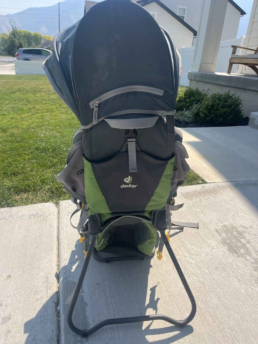 Deuter Kid Comfort Hiking Child Carrier Backpack - Grey and Green with Sun Roof