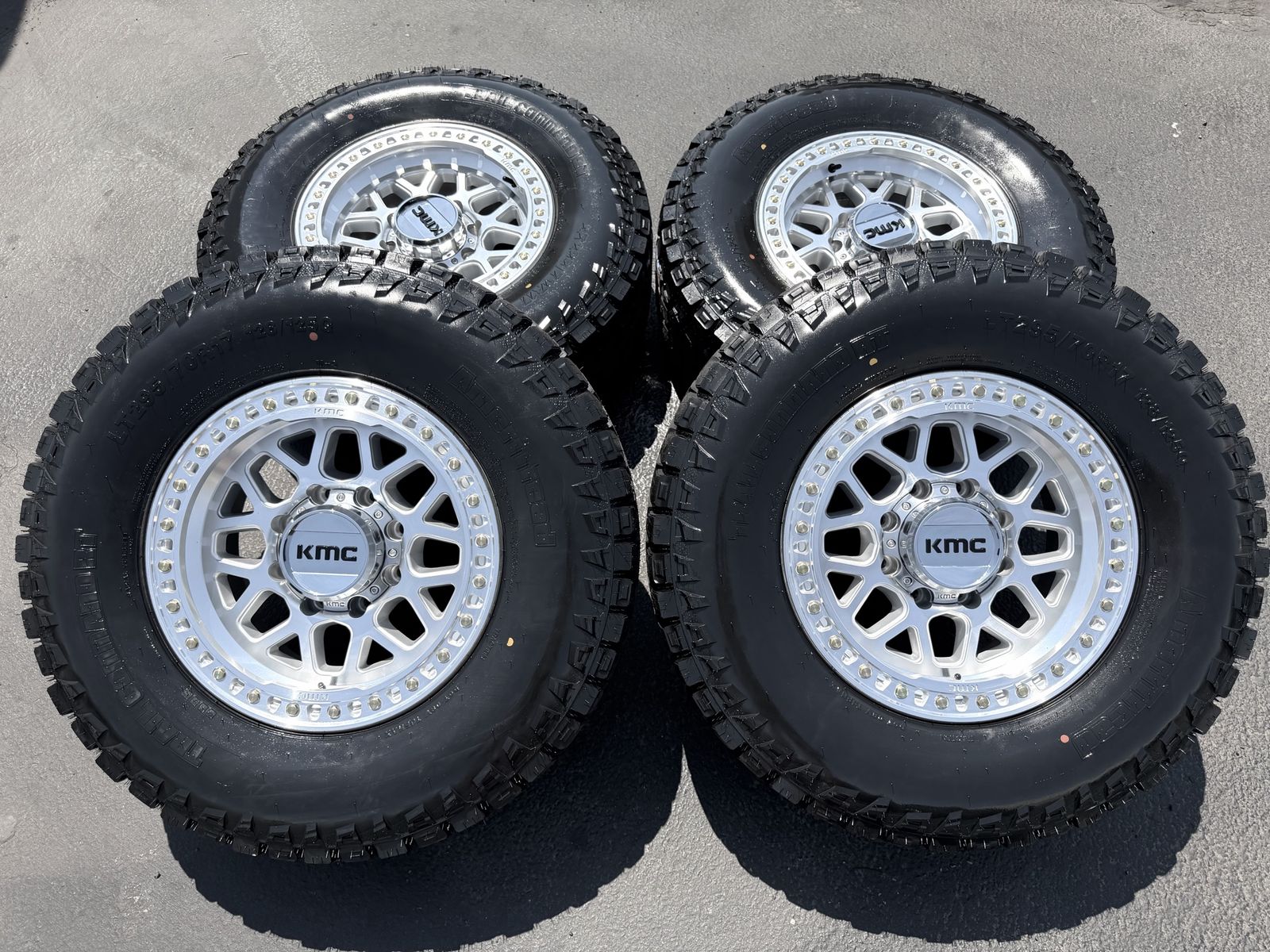 New LT295/70r17 Ameritread RT Silver KMC KM549 GRS 8x6.5 Dodge Ram Cummins Chevy Silverado 2500 3500 Cummins 8 lug GMC