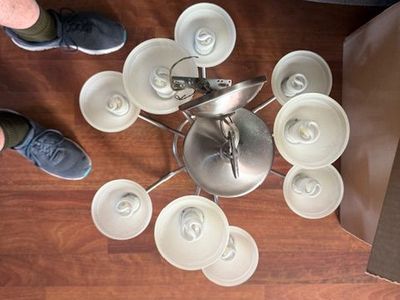 Brushed Nickle 9 light hanging Chandelier. With CFL bulbs