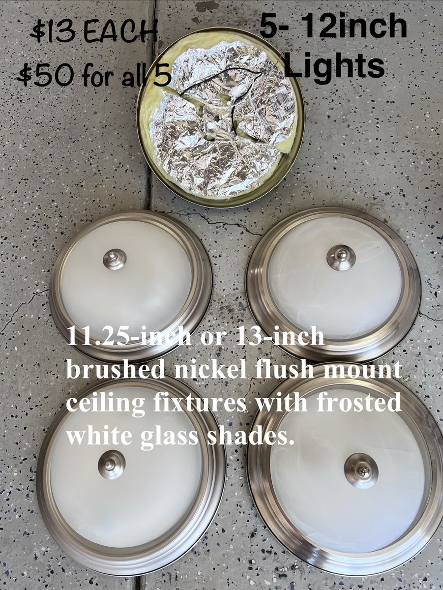 5 Brushed Nickel Flush Mount Ceiling Lights - 11.25"/13" Frosted White Glass Shade Fixtures