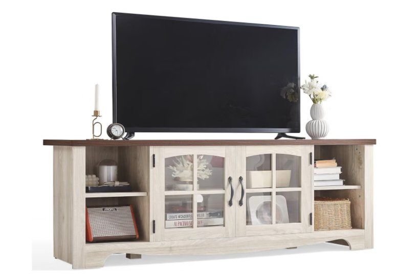 LINSY HOME TV Stand for 75 Inch TV, Modern Farmhouse Entertainment Center with Storage Cabinets and Glass Doors, Tall Media Cons