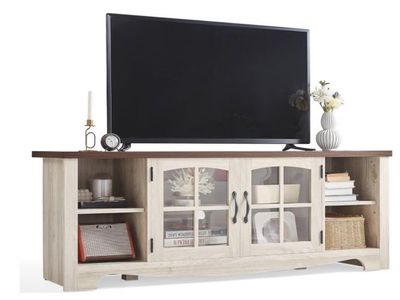 LINSY HOME TV Stand for 75 Inch TV, Modern Farmhouse Entertainment Center with Storage Cabinets and Glass Doors, Tall Media Cons