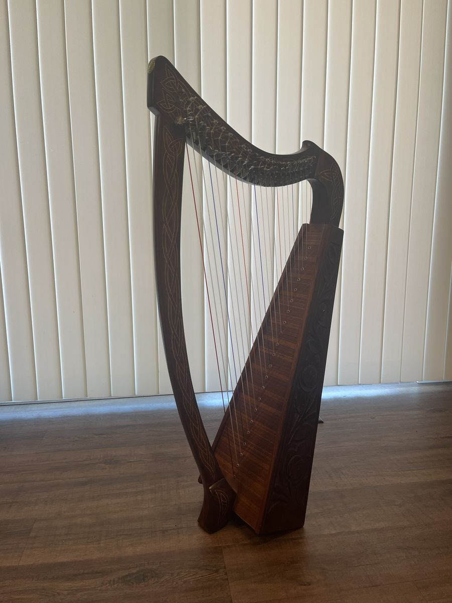 Carved 22-String Lever Harp with Celtic Knotwork — Carrying Case Included