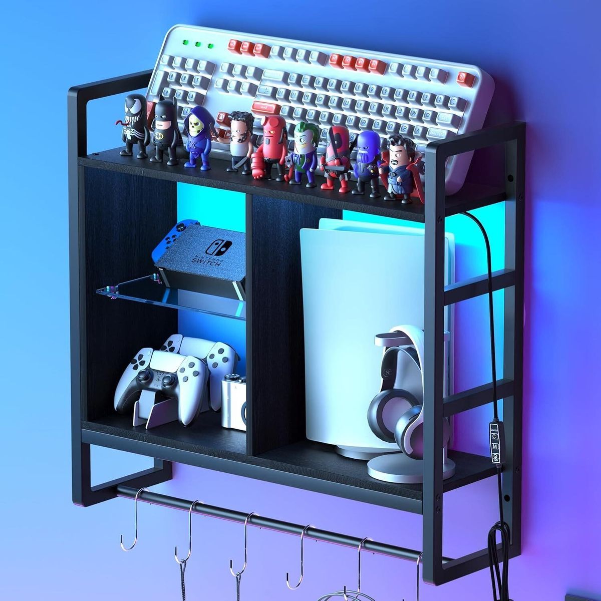 LED Wall Mounted Gaming Floating Shelf adjustable glass Shelves 3 Tier Display Rack, 6 S-Hook