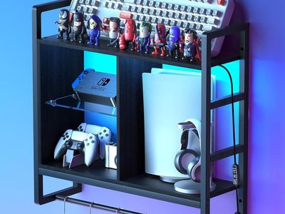 LED Wall Mounted Gaming Floating Shelf adjustable glass Shelves 3 Tier Display Rack, 6 S-Hook