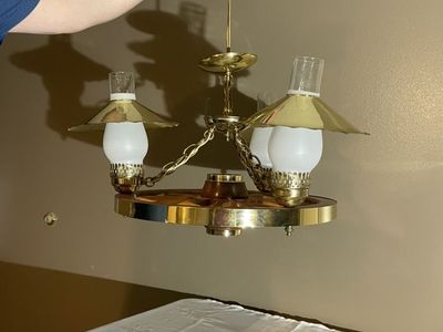 Vintage Wood And Brass Wagon Wheel Chandelier