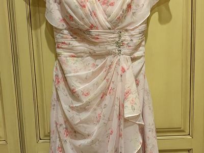 Pink Floral Chiffon V-Neck Dress with Rhinestone Waist Detail