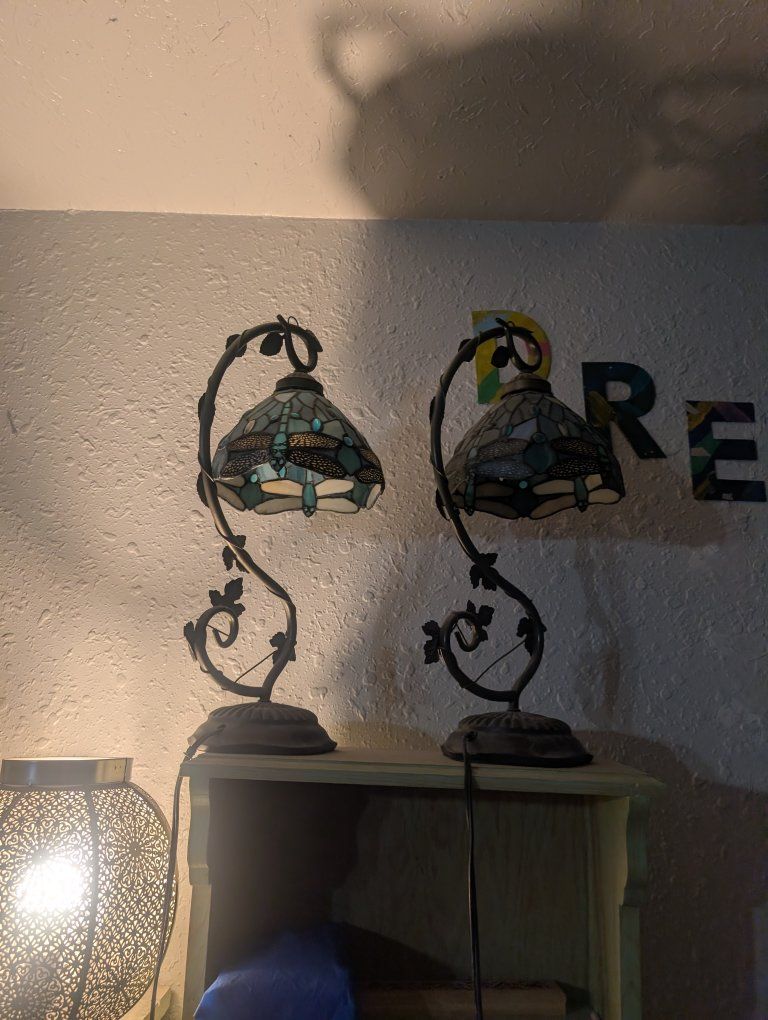 Pair of Tiffany Style Dragonfly Table Lamps - Stained Glass Accent Lighting