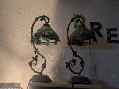 Pair of Tiffany Style Dragonfly Table Lamps - Stained Glass Accent Lighting