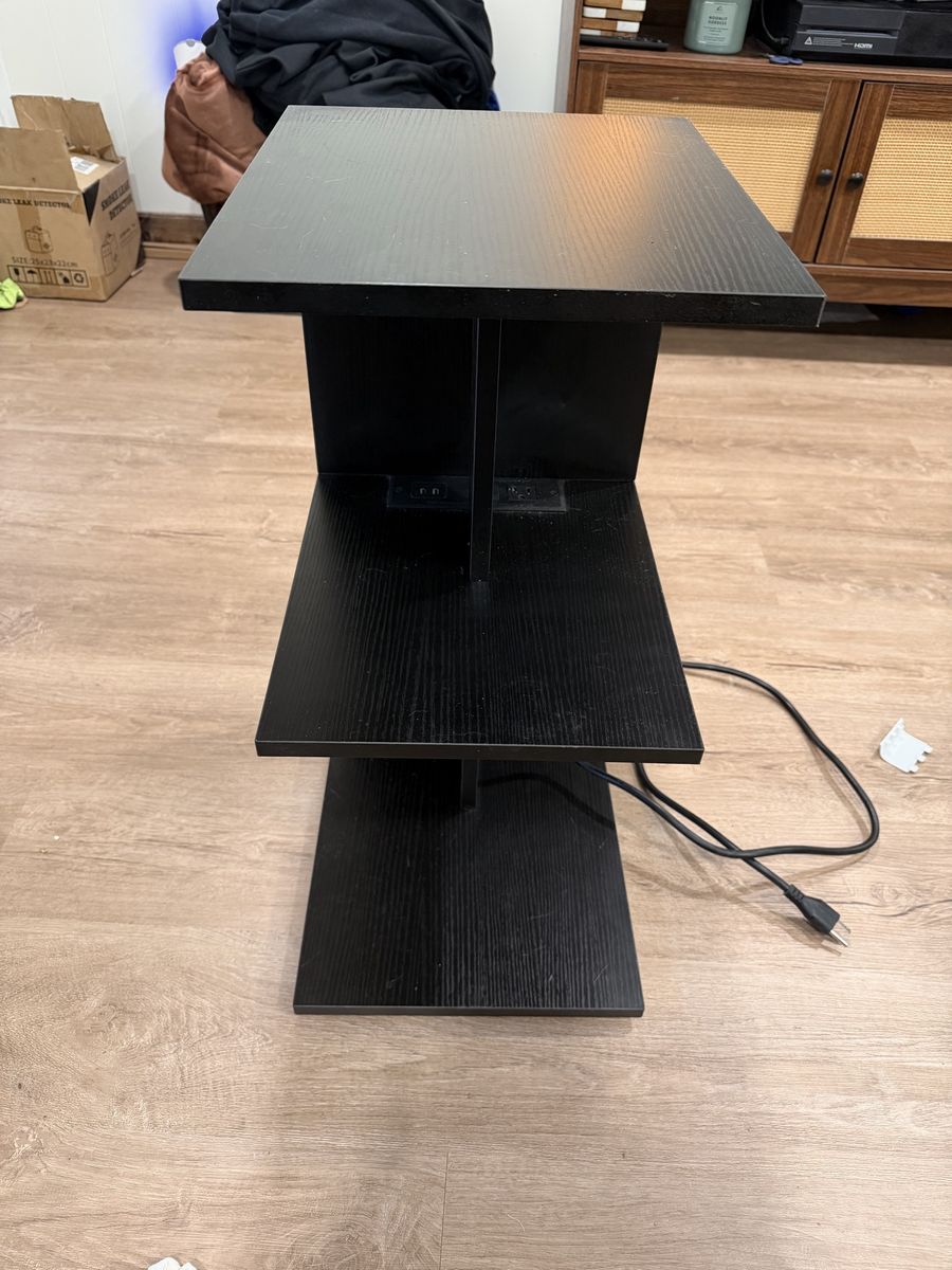 Multi-Level End Table with Built-in Outlets & USB Ports, Black Wood Grain