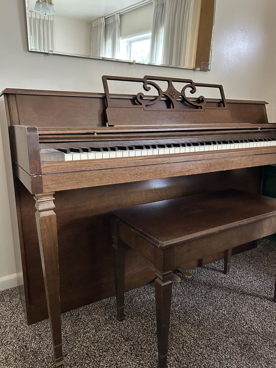 Vintage Upright Piano with Bench - Wood Finish