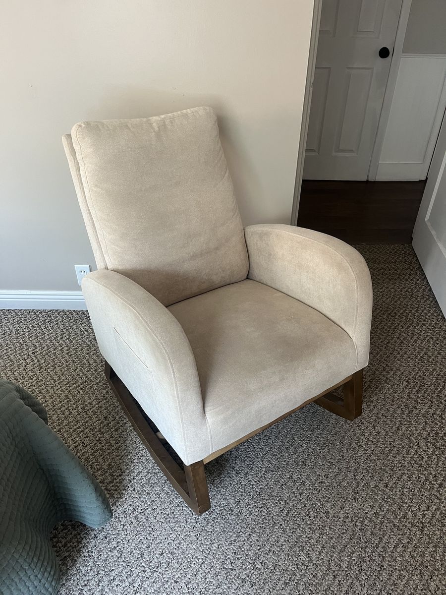Modern Beige Upholstered Glider Rocking Chair with Wooden Base