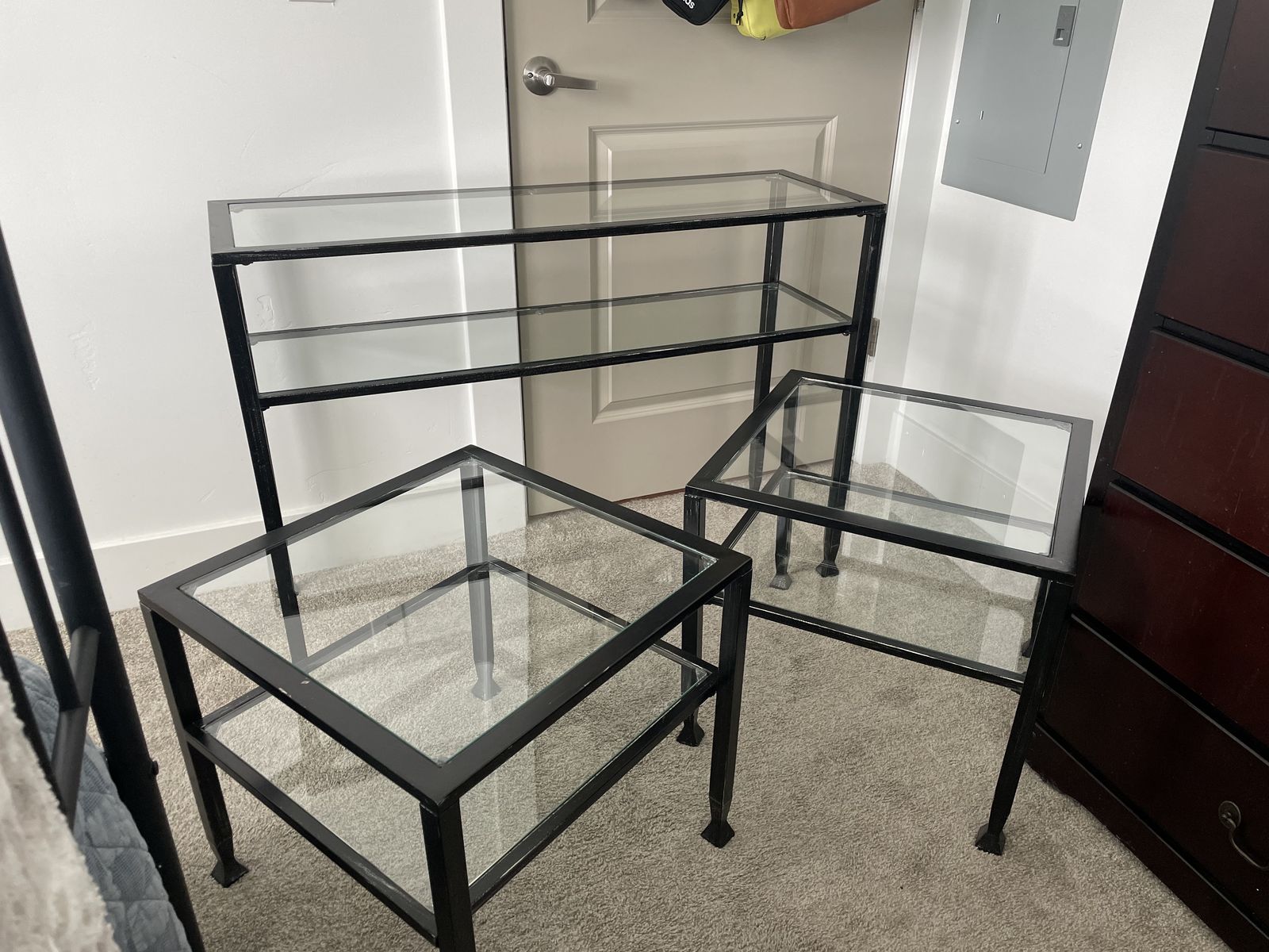 distressed steel & glass TV table and 2 end tables (black)