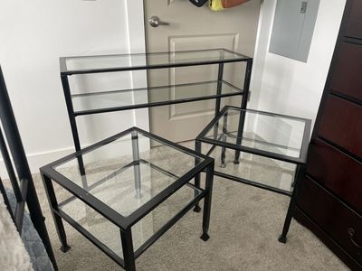 distressed steel & glass TV table and 2 end tables (black)
