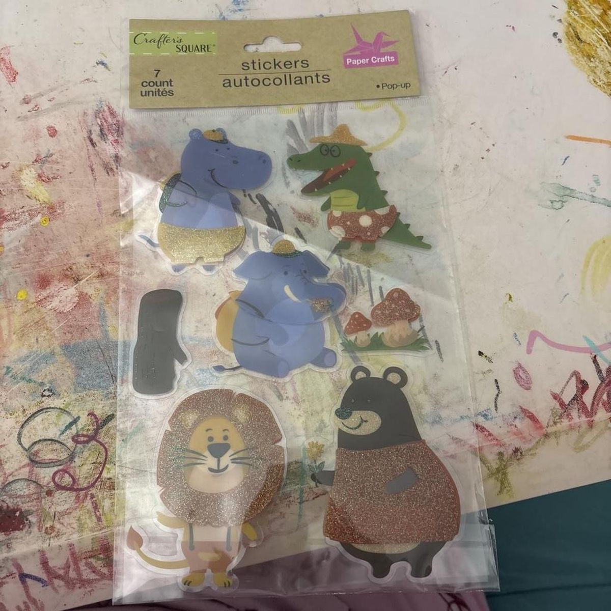 Crafter's Square Pop-Up Animal Stickers - 7 Count Glitter Safari Animals for Paper Crafts