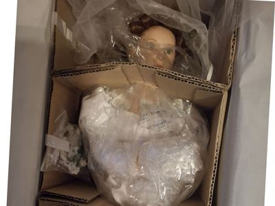 Collectible Porcelain Bride Doll in Original Box with Bridal Gown and Accessories