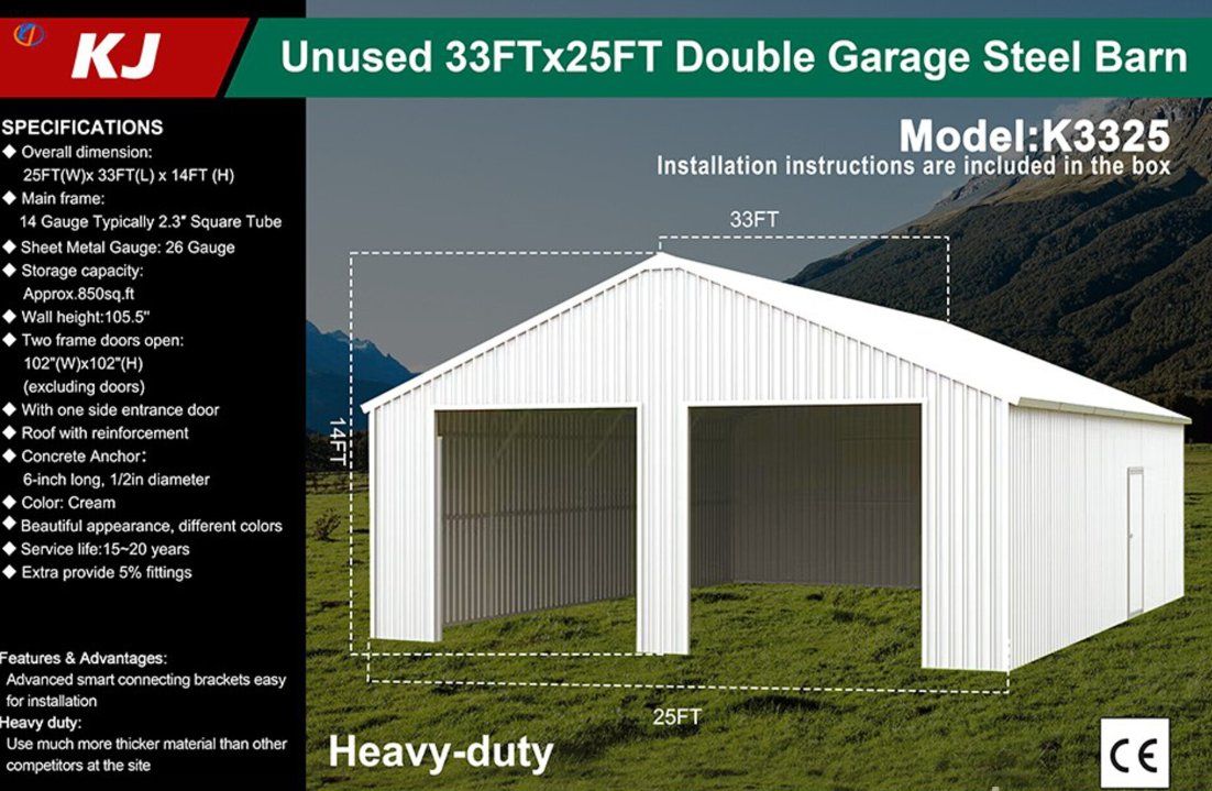 KJ K3325 33'x25' Heavy-Duty Double Garage Steel Barn Shed - Cream, 850 Sq Ft, 15-20 Yr Life