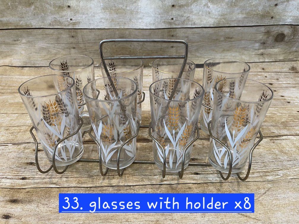 Vintage golden leaf glasses with holder x8