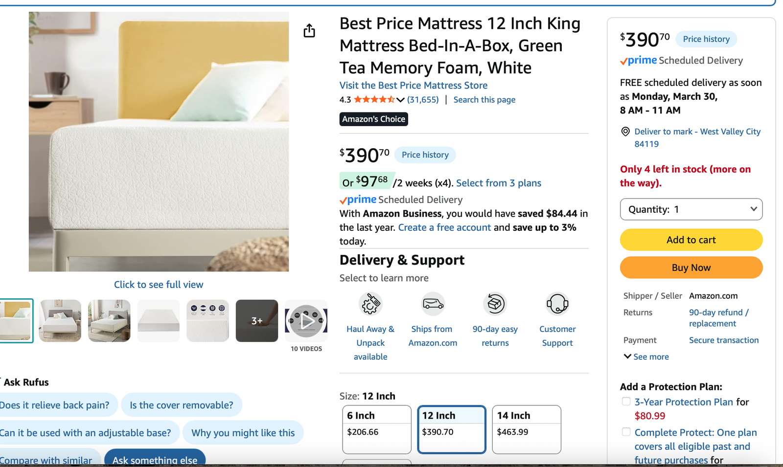 King size memory foam mattress