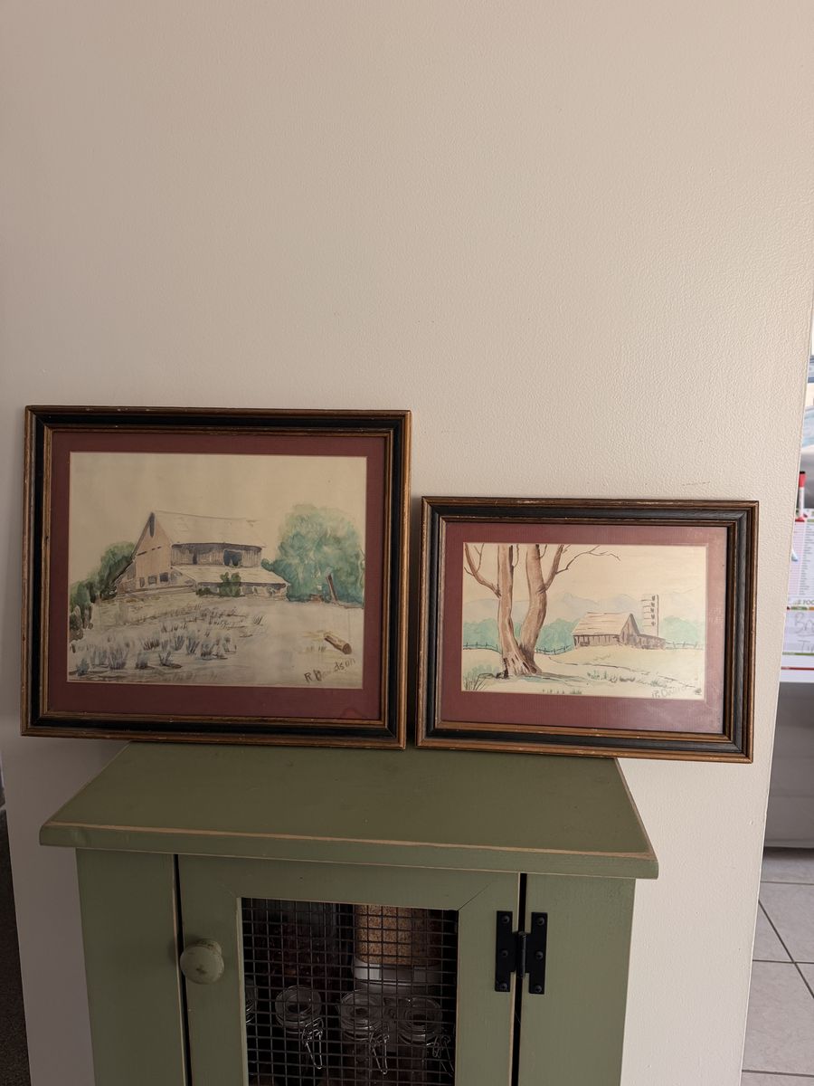Set of 2 Framed Watercolor Paintings by R. Davidson - Rural Barn Scenes