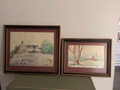 Set of 2 Framed Watercolor Paintings by R. Davidson - Rural Barn Scenes