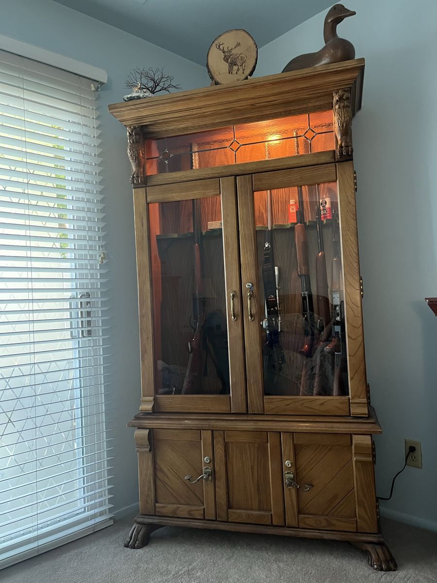 Oak Wood Gun Cabinet with Glass Display Doors and Storage