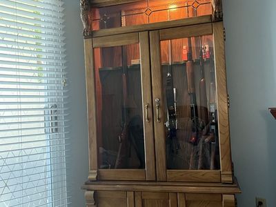 Oak Wood Gun Cabinet with Glass Display Doors and Storage