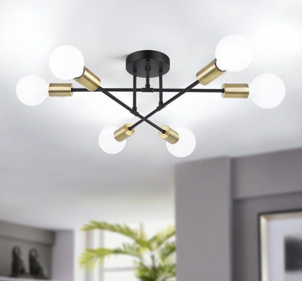 Modern Sputnik Chandelier Ceiling Light Fixture Black & Gold 6-Light Semi-Flush Mount