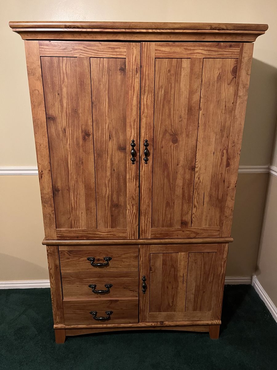 Faux Wood Armoire Wardrobe - Rustic Pine Finish, Spacious Storage Cabinet with Drawers
