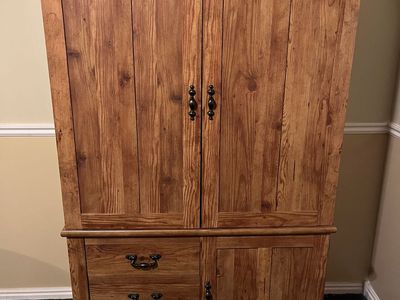 Faux Wood Armoire Wardrobe - Rustic Pine Finish, Spacious Storage Cabinet with Drawers