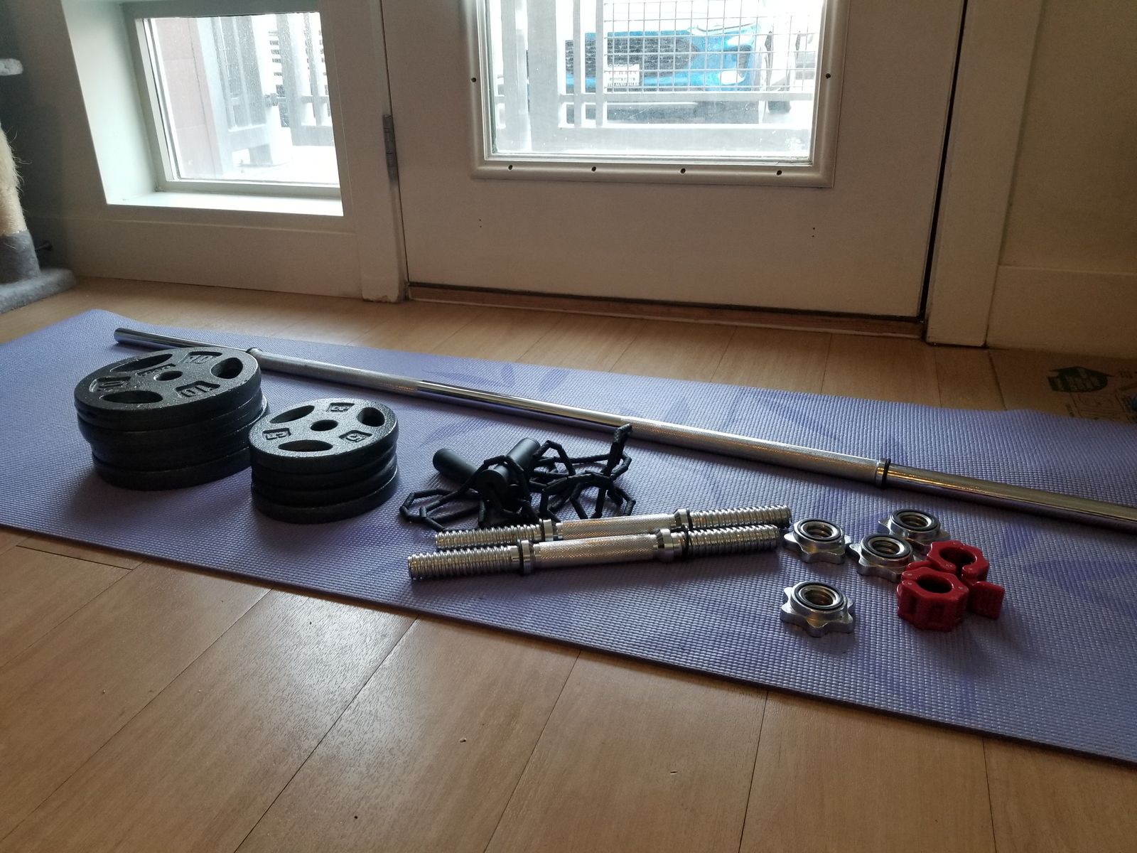 Barbell & dumbbell set with jump rope and yoga mat