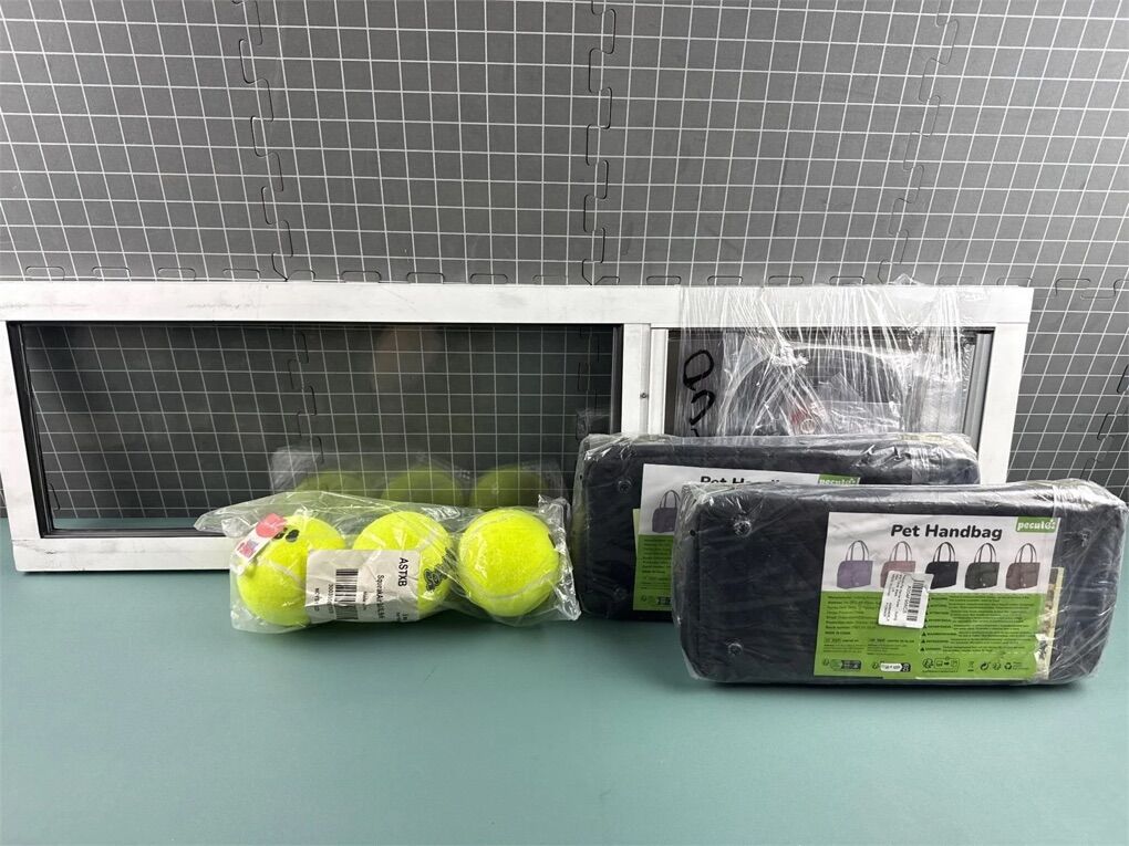 DOG DOOR, 2X PET HANDBAGS, & KONG BALLS