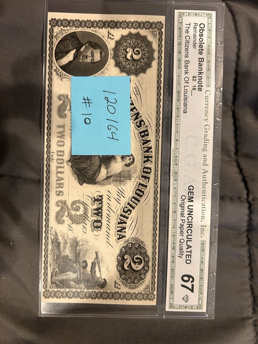 The Citizens Bank Of Louisiana $2 Obsolete Banknote Remainder CGA Gem Uncirculated 67