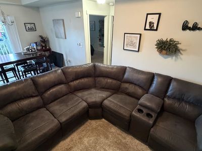 Leather Sectional with Two Recliners - dark grey