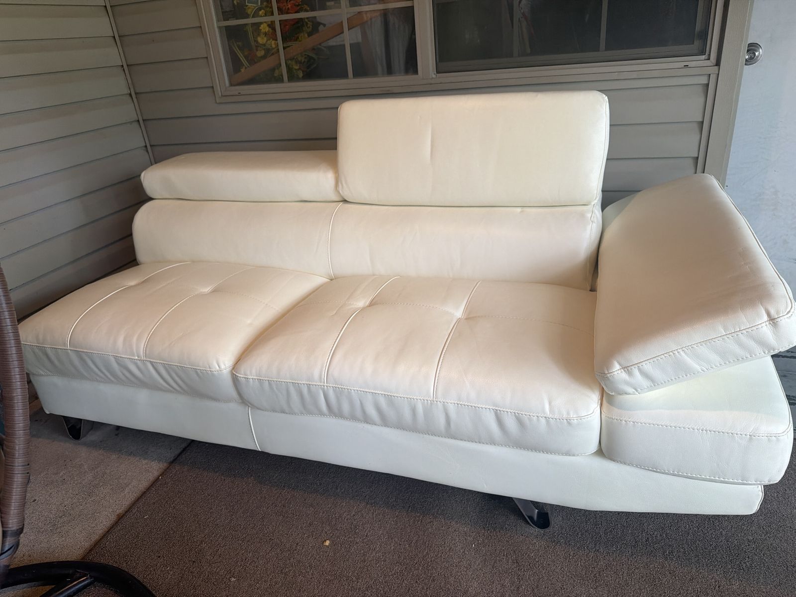 Contemporary White Faux Leather Sofa - 3-Seater Couch with Adjustable Headrests & Chrome Legs