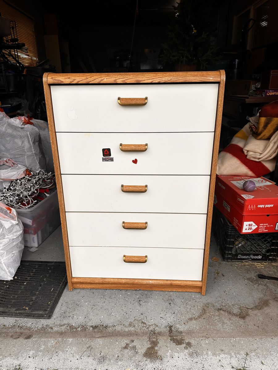 Oak and White 5-Drawer Dresser Chest with Wooden Pull Handles