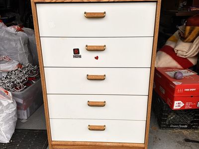 Oak and White 5-Drawer Dresser Chest with Wooden Pull Handles