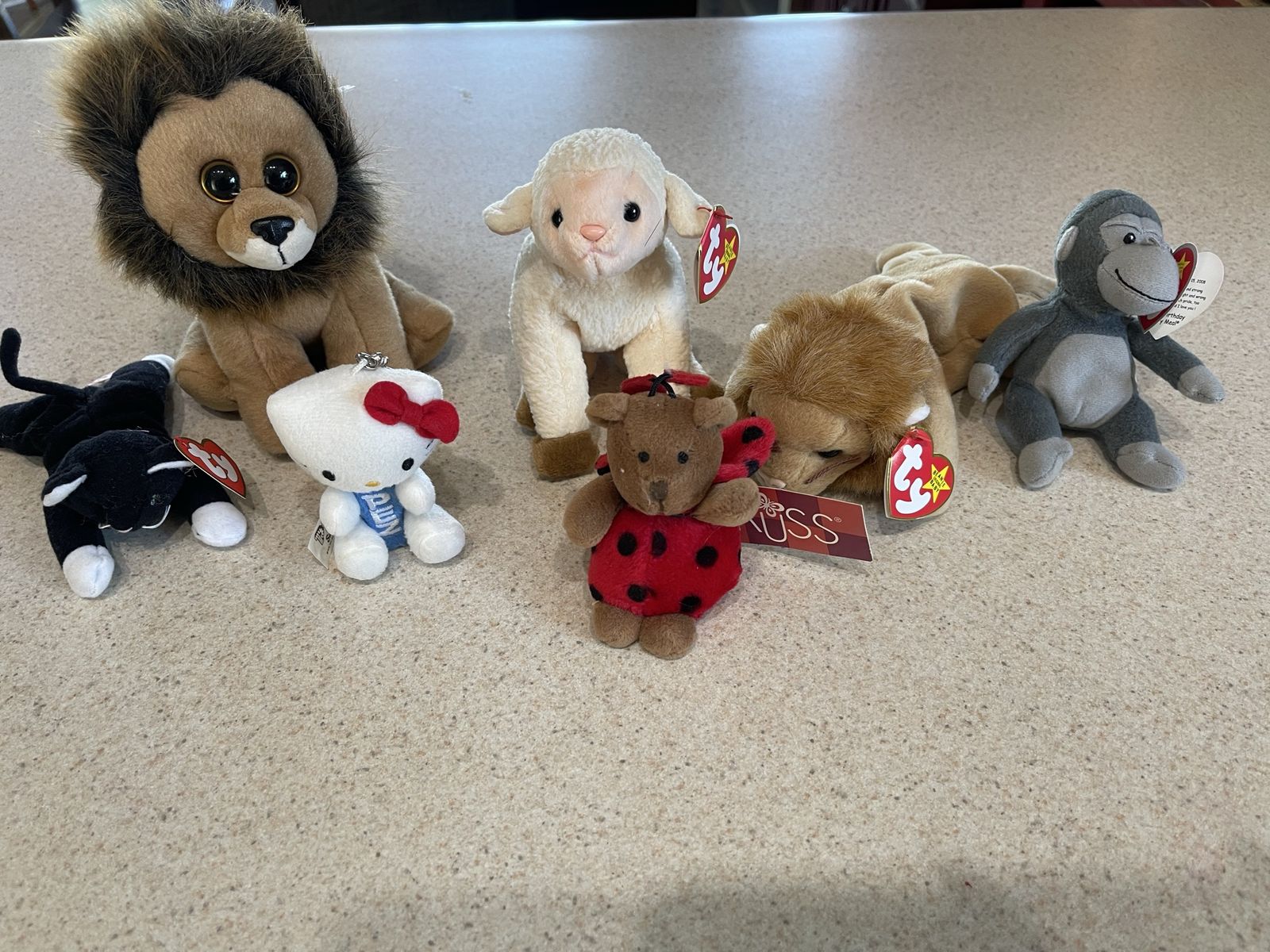 Lot of 7 Beanie Babies: Ty Lion, Lamb, Monkey, Hello Kitty, Ladybug Bear, & Cat Plush Toys