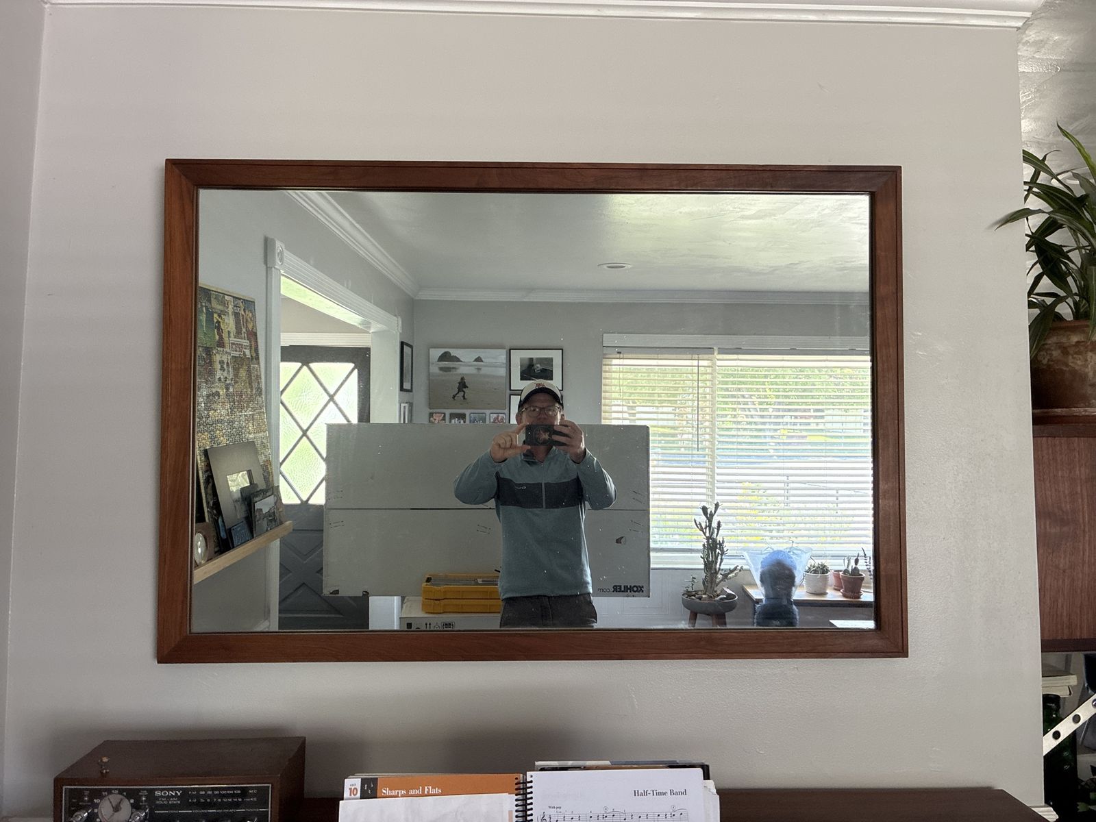 48.5” by 32.5” walnut fram mirror mid-century