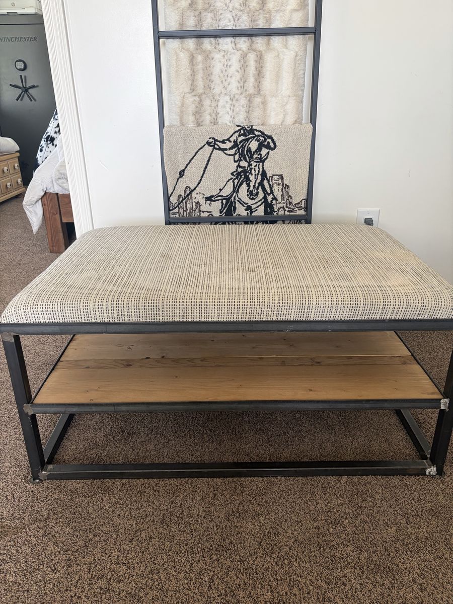 Industrial Farmhouse Upholstered Bench/ Coffee table with Wood Shelf.