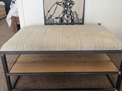 Industrial Farmhouse Upholstered Bench/ Coffee table with Wood Shelf.