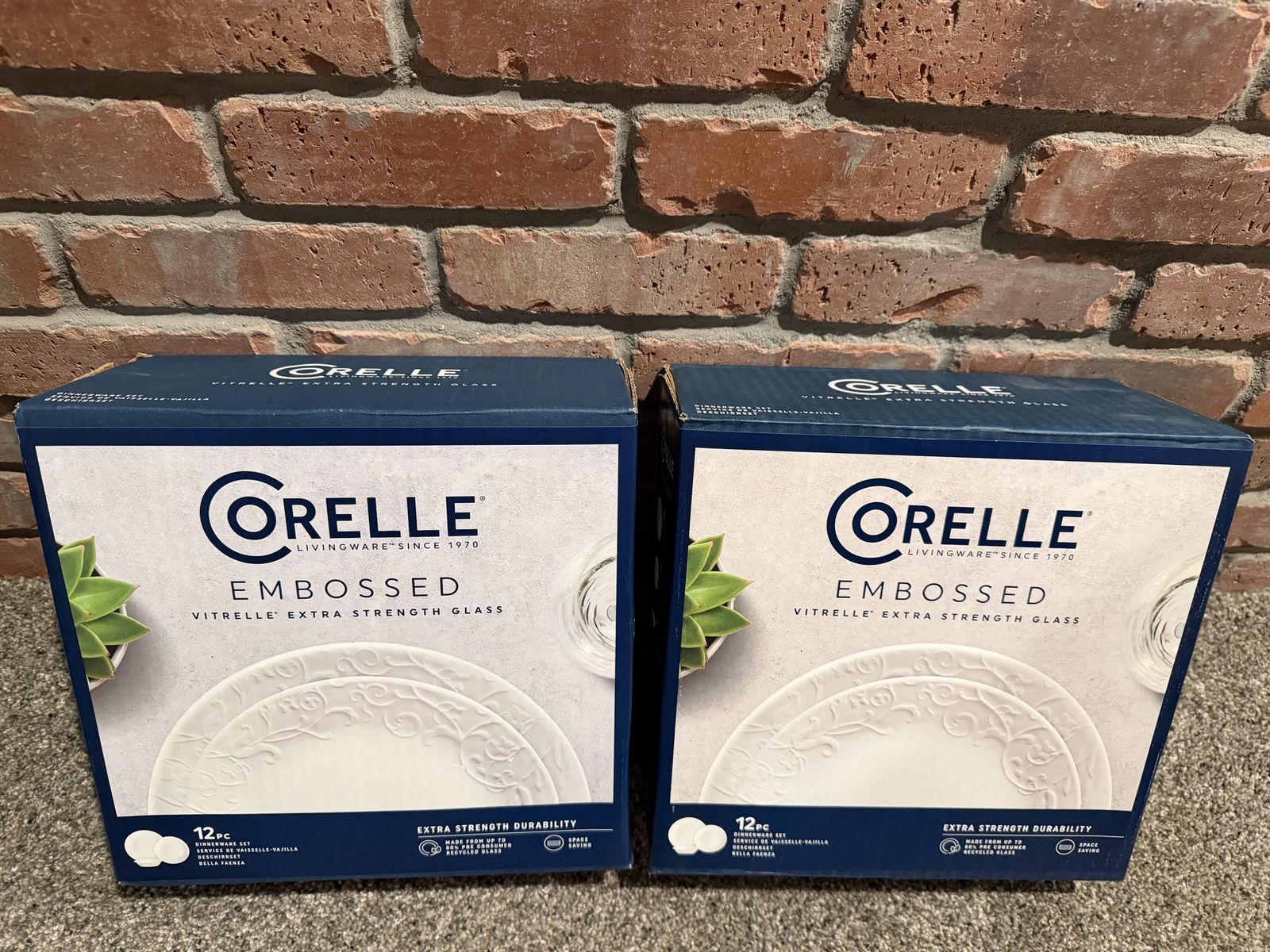 Two Corelle Embossed Bella Faenza 12-Piece Dinnerware Sets Vitrelle Glass