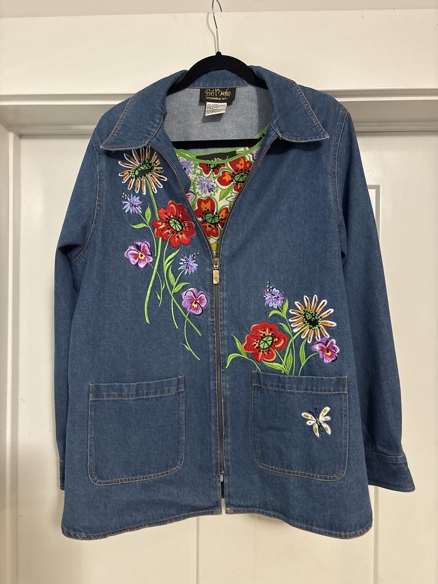 Bob Mackie - Big Parke Embroidered Denim Jacket & Floral Silk Tank Top Set -           Women's Size Large
