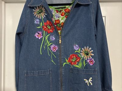 Bob Mackie - Big Parke Embroidered Denim Jacket & Floral Silk Tank Top Set - Women's Size Large