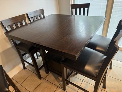 Dark Wood Counter Height Dining Table Set with 6 Chairs - Extendable Leaf, Storage Base