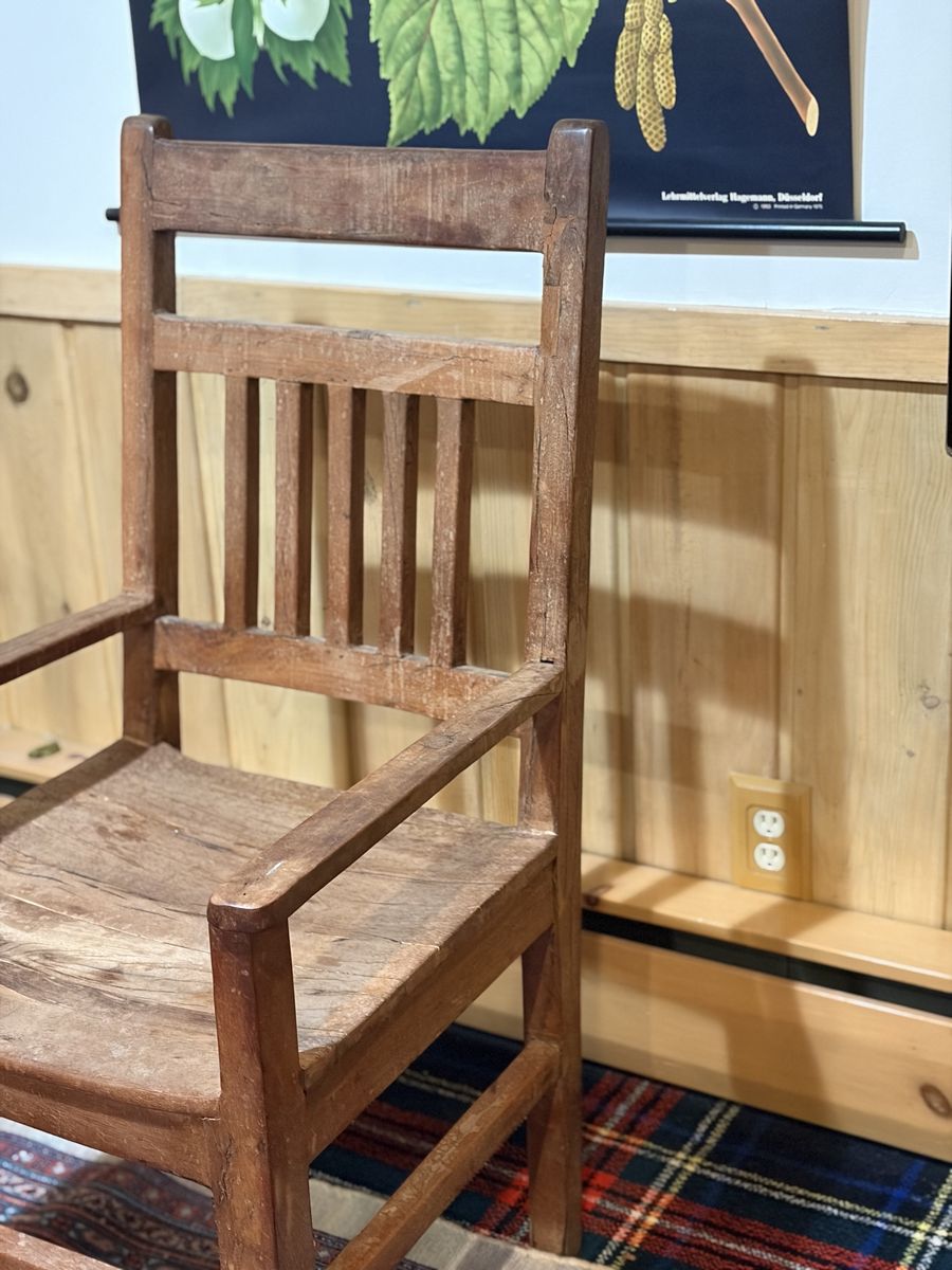 Vintage Rustic Solid Wood Armchair - Mission / Craftsman Style Slat Back Accent.  41” tall, 19.5” wide, 20” deep.