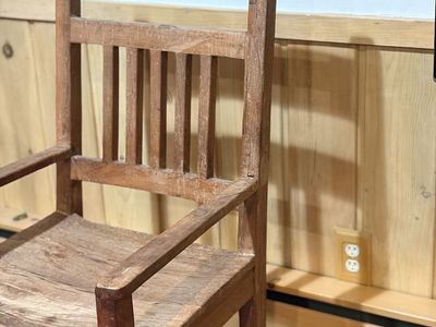 Vintage Rustic Solid Wood Armchair - Mission / Craftsman Style Slat Back Accent. 41” tall, 19.5” wide, 20” deep.