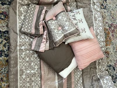 Queen Size Decorative Bedding Comforter Set with Pillows - Pink, Brown, and White
